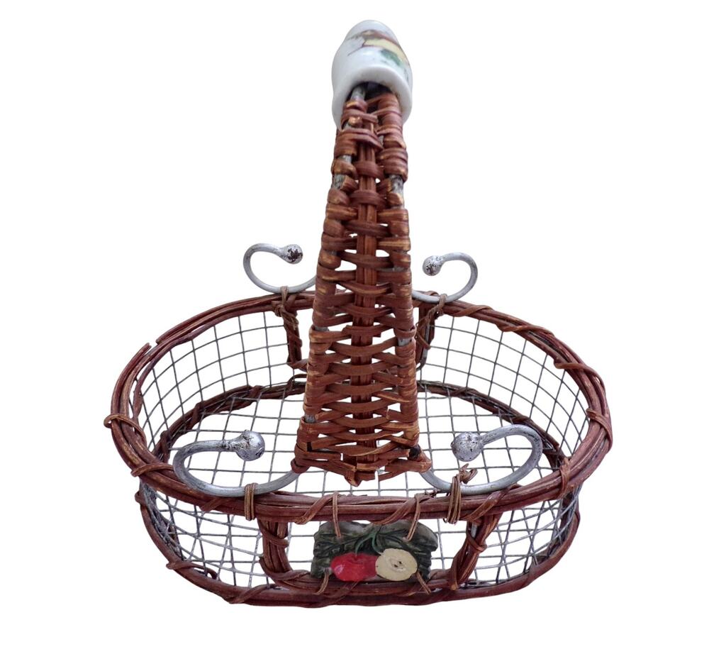 Cottage Farmhouse Style Wire Basket Ceramic Handle Apples & Pears